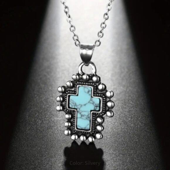 Turquoise Cross w/ 925 Silver Necklace Western Native Christian Birthday Gift
